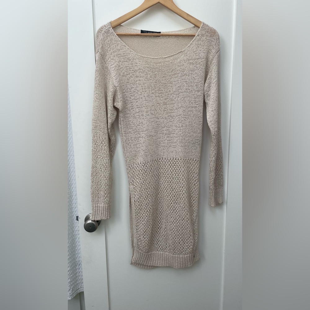 One Grey Day Revolve Women’s Size Medium Beige Stone Crochet Dress Side Slits